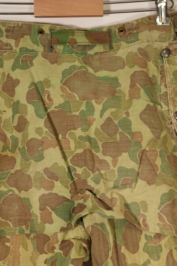 1940s WWII USMC P-44 Frogskin camouflage duck hunter pants, repaired, used.