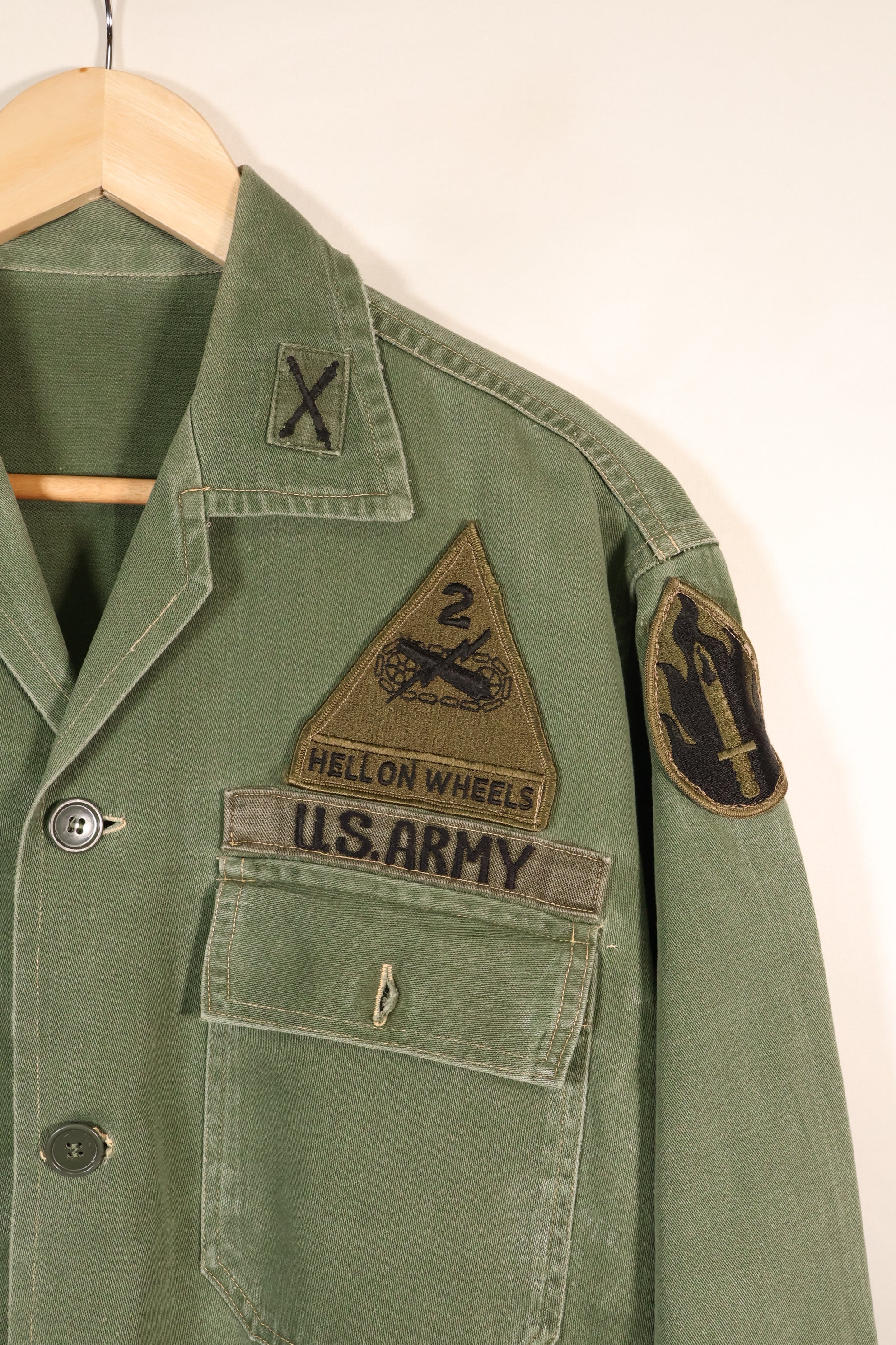 1960s, Estimated Size: SMALL, OG-107 Utility Shirt with Patches, Used