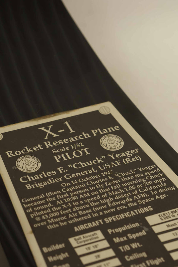 Autographed by US Air Force Brigadier General Chuck Yeager, X-1 manned aircraft model, used.