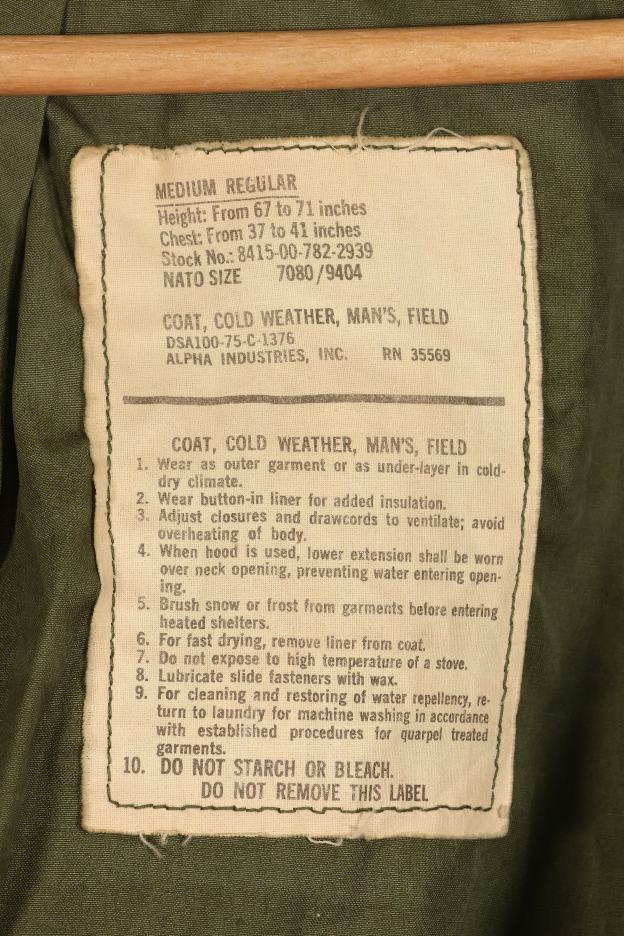 1975 Contract M-R 3rd Model M65 Field Jacket, Used, Good Condition