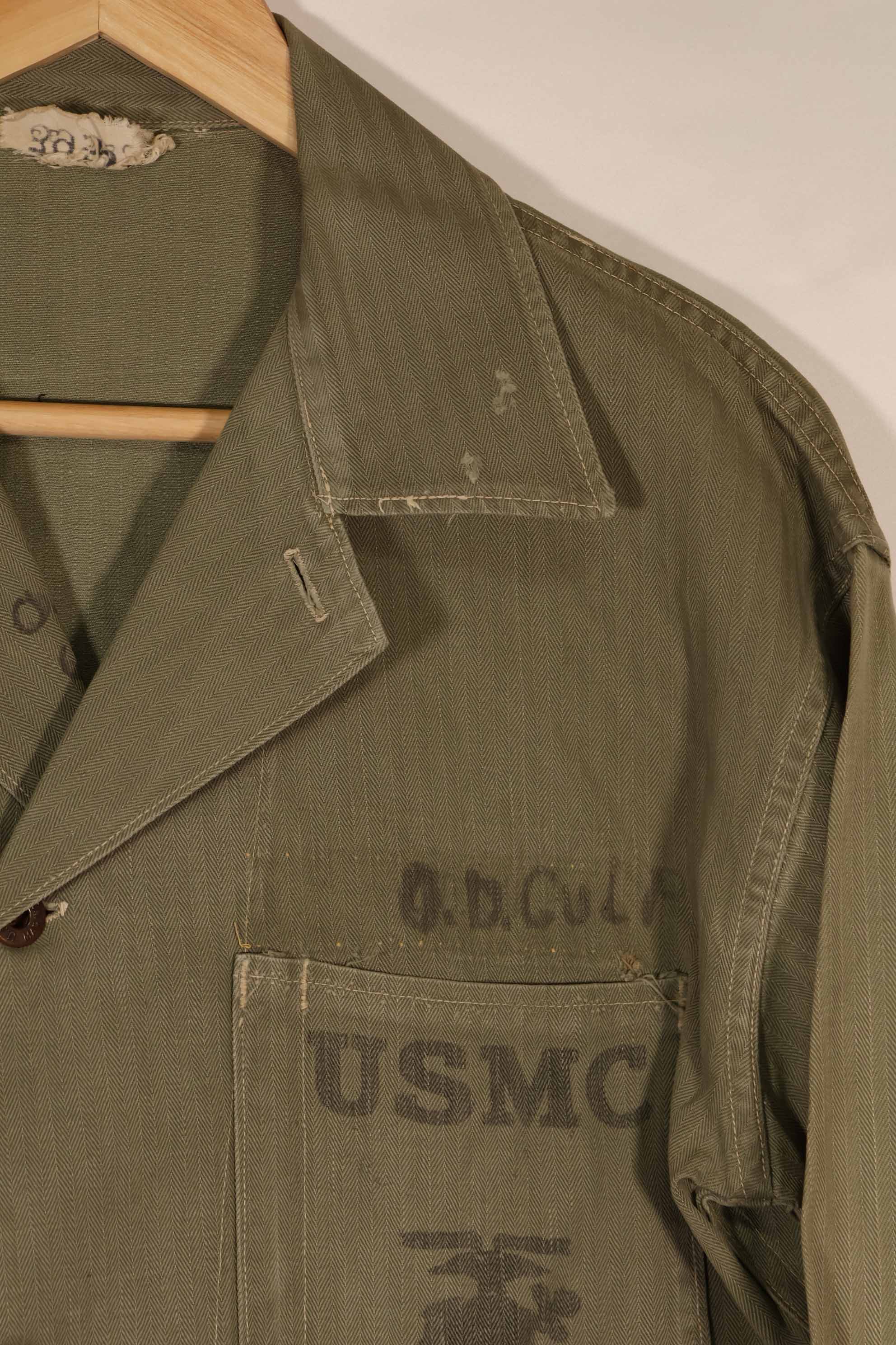 実物　1940年代　アメリカ海兵隊　USMC　M41 HBTユーティリティジャケット　退色あり　ポケット欠損