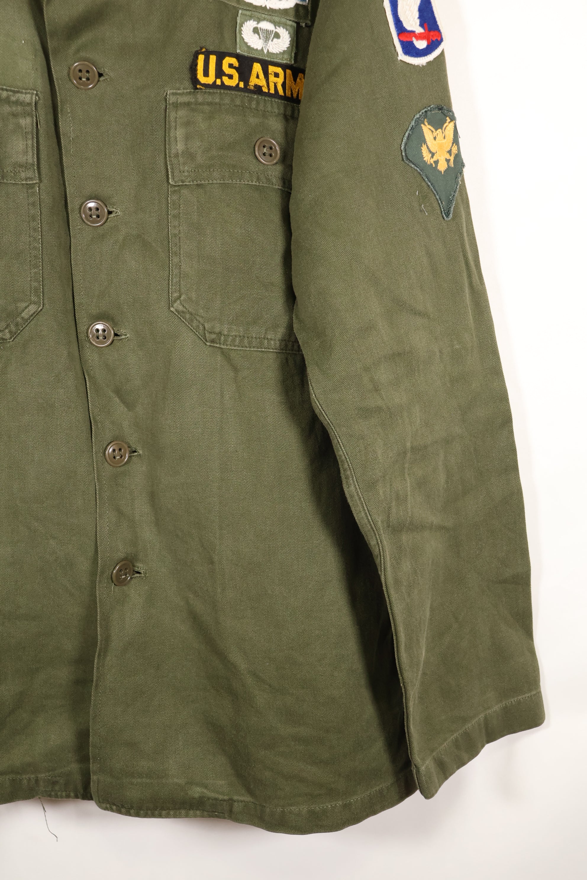Early 1960s, 173rd Airborne Brigade, OG-107 Utility Shirt, Authentic Insignia, Used