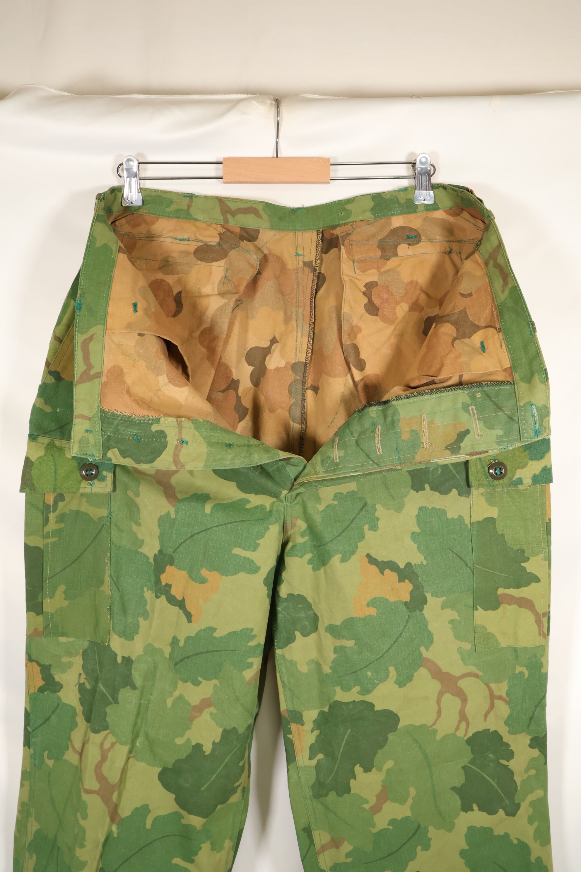 Authentic Fabric: Mitchell Pattern Camouflage, 1st Model Jungle Fatigue Pants, Tent Fabric, Used