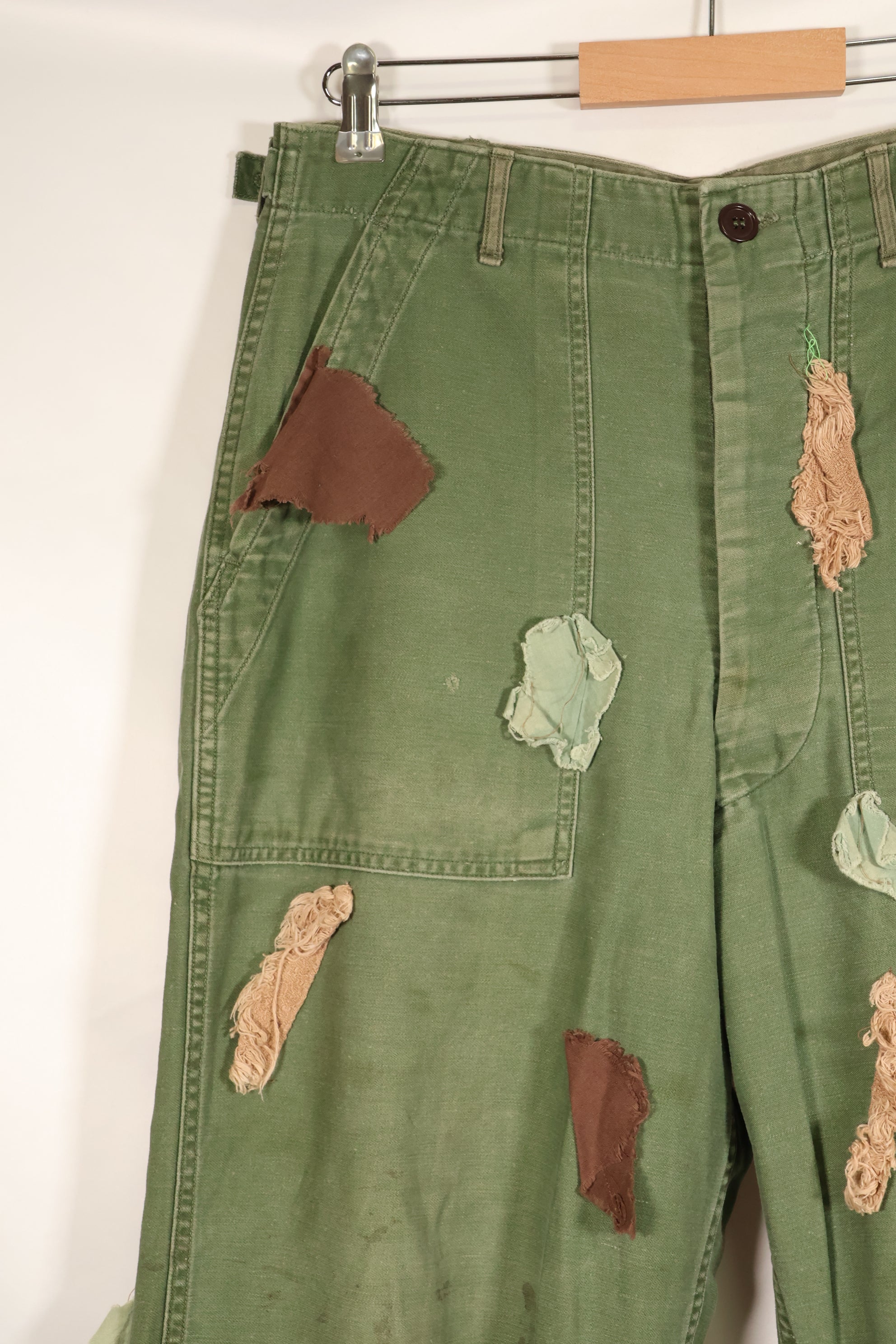 Early 1960s MEDIUM OG-107 Utility Pants, Type I Baker Pants, with camouflage, modified for sniper use