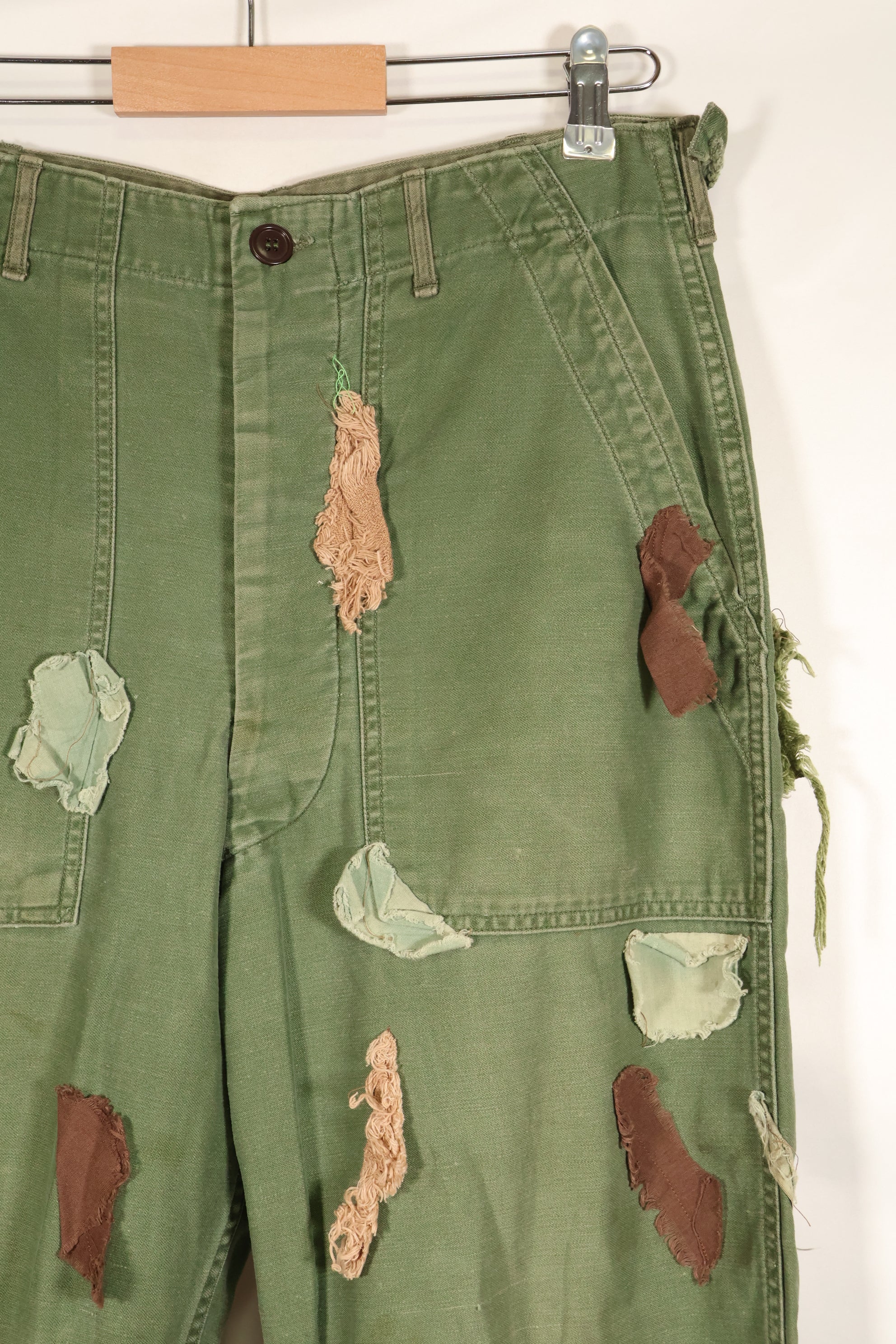 Early 1960s MEDIUM OG-107 Utility Pants, Type I Baker Pants, with camouflage, modified for sniper use