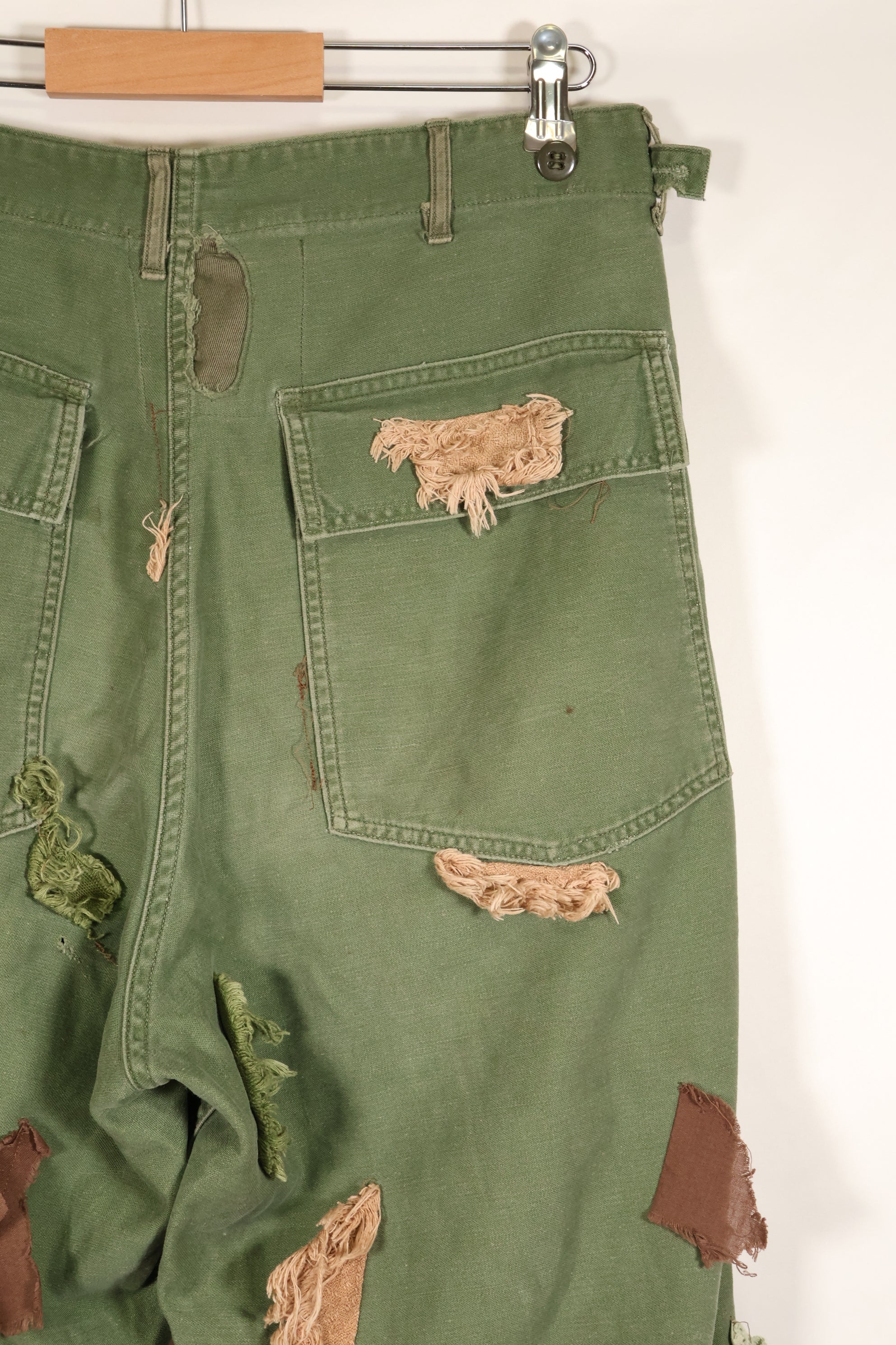 Early 1960s MEDIUM OG-107 Utility Pants, Type I Baker Pants, with camouflage, modified for sniper use