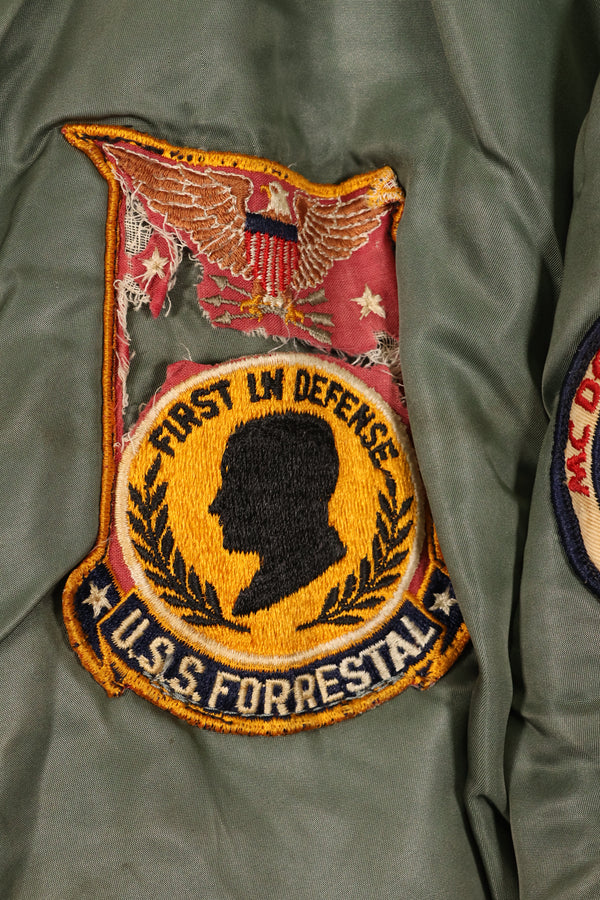 Late 1960's Estimated LARGE US Navy MA-1 Flight Jacket with pilot modifications, used.