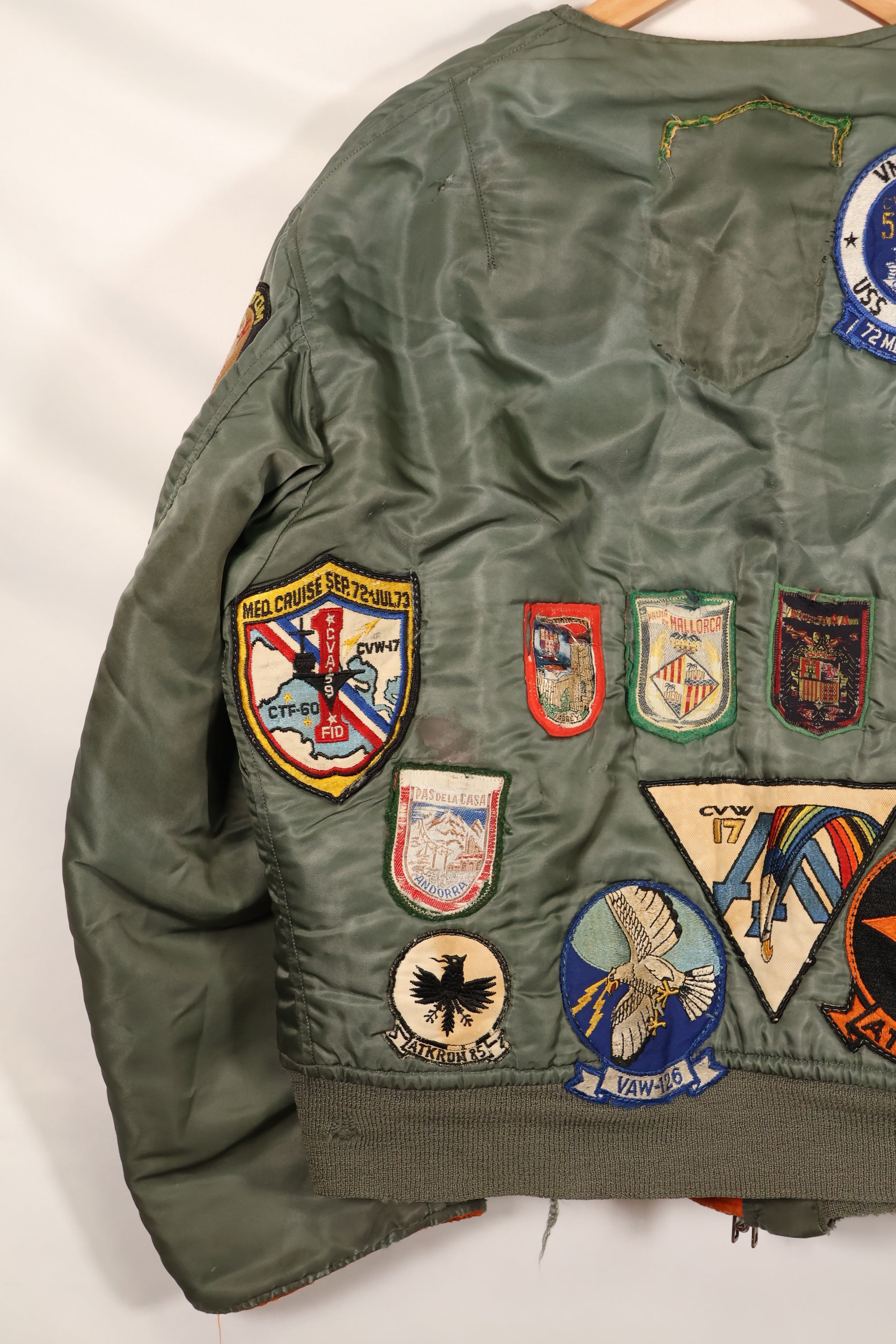 Late 1960's Estimated LARGE US Navy MA-1 Flight Jacket with pilot modifications, used.