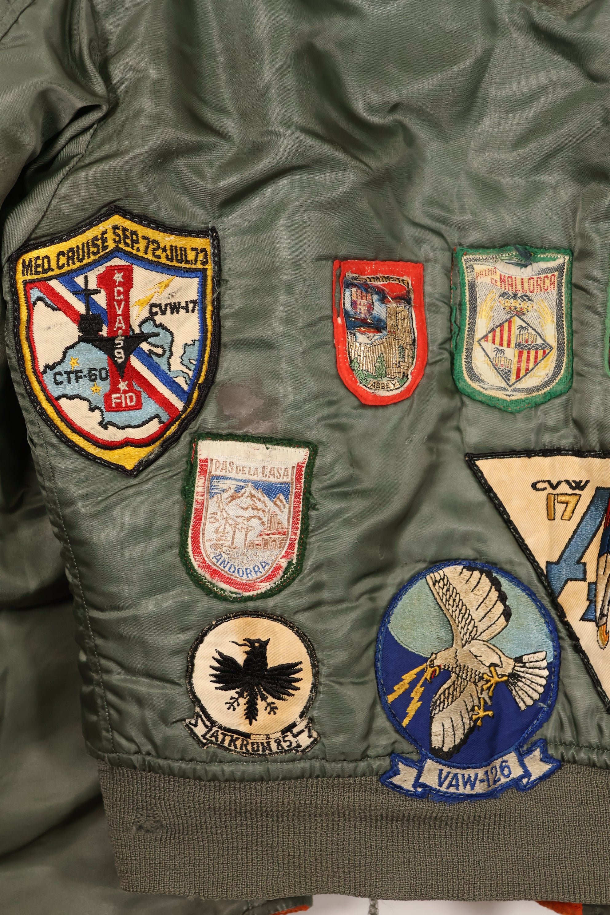 Late 1960's Estimated LARGE US Navy MA-1 Flight Jacket with pilot modifications, used.