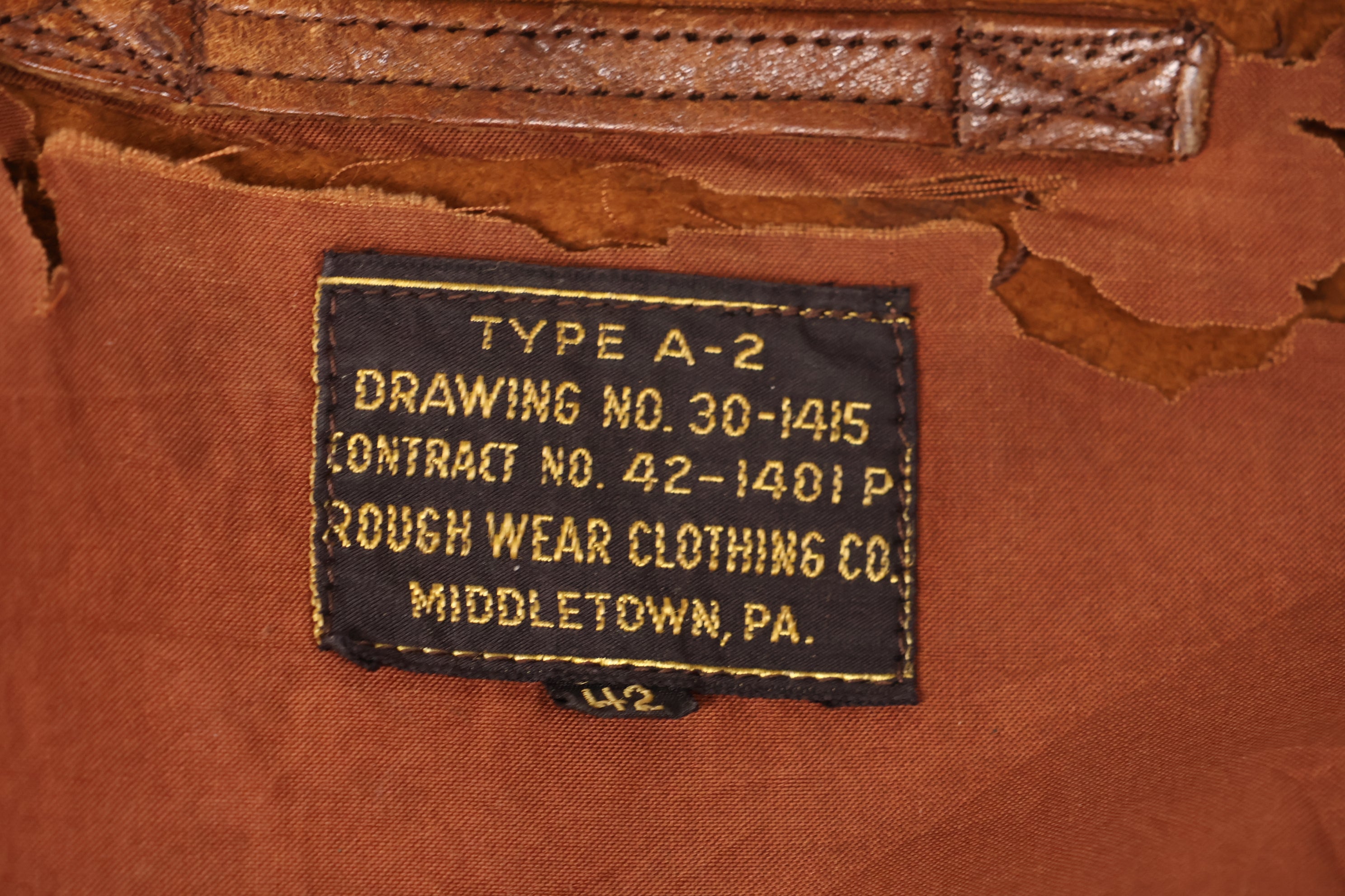 1940 年代 42 码美国空军 A-2 飞行夹克 Rough Wear Clothing Co.