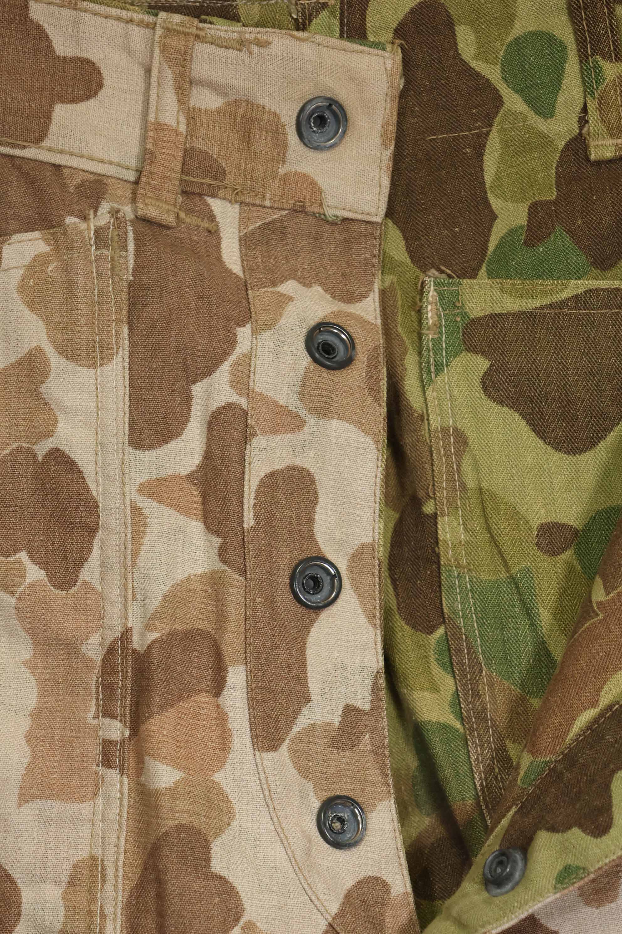 1940s U.S. Marine Corps P-42 Frogskin camouflage pants with local modifications, good condition, used.