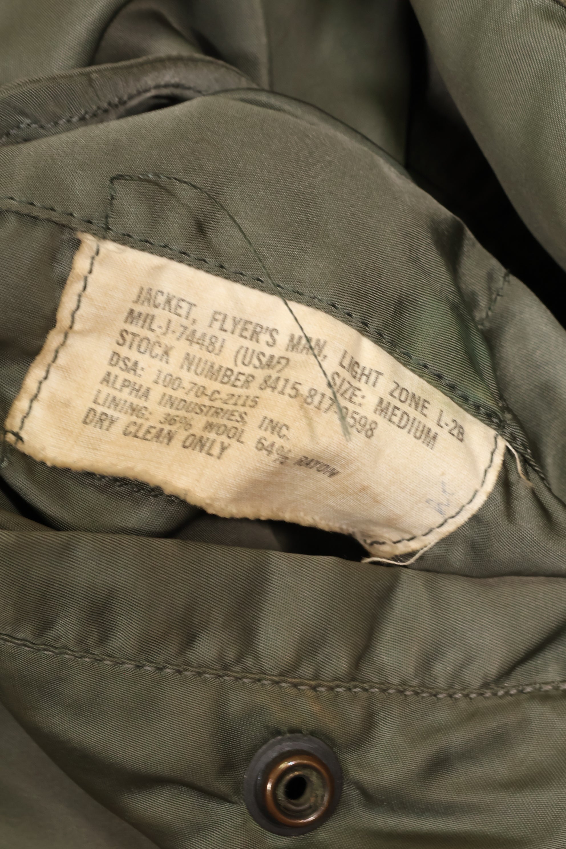 1970 Contract Medium USAF USAF L2-B Flight Jacket Used ALPHA INDUSTRIES, Inc.