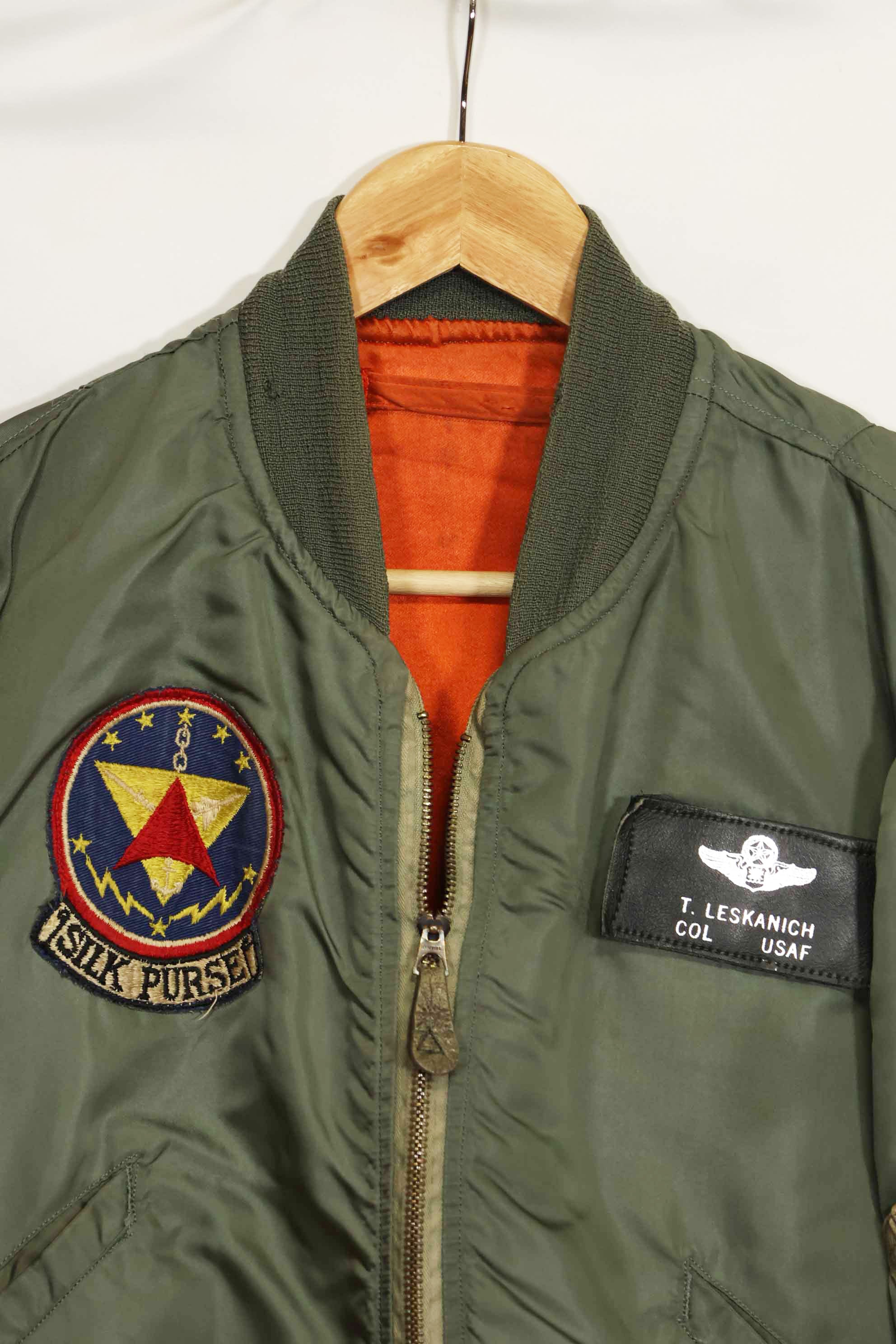 1969 Contract USAF L2-B Light Zone Flight Jacket with patches and rank insignia, used.
