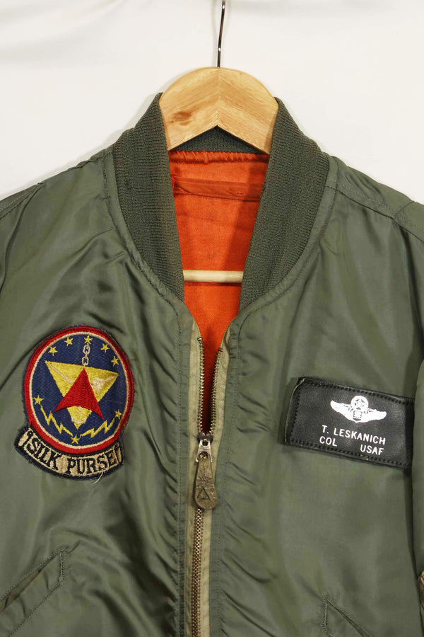 1969 Contract USAF L2-B Light Zone Flight Jacket with patches and rank insignia, used.