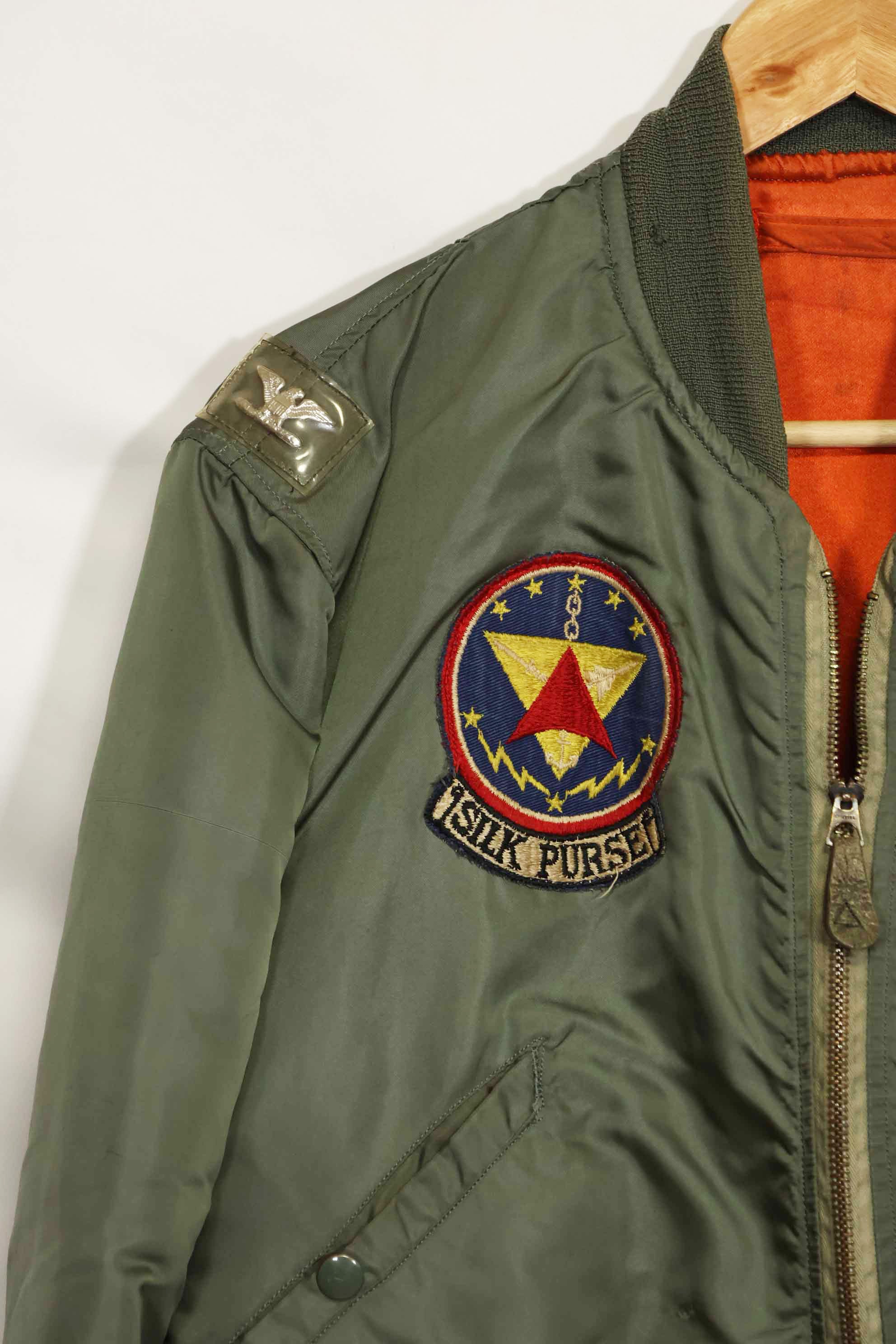 1969 Contract USAF L2-B Light Zone Flight Jacket with patches and rank insignia, used.