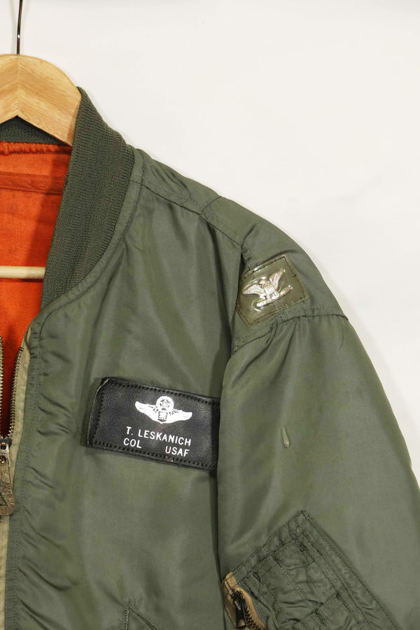 1969 Contract USAF L2-B Light Zone Flight Jacket with patches and rank insignia, used.