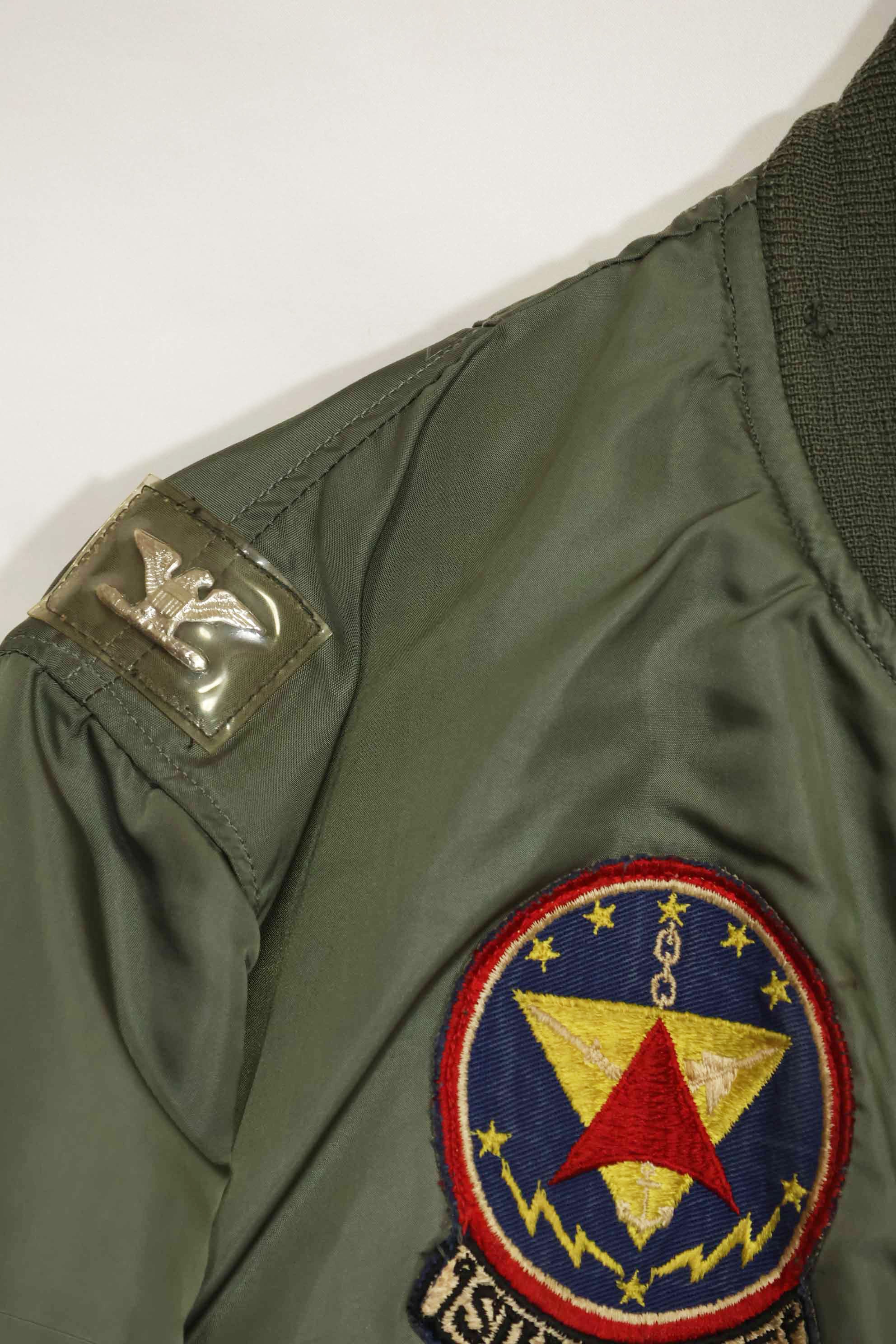 1969 Contract USAF L2-B Light Zone Flight Jacket with patches and rank insignia, used.