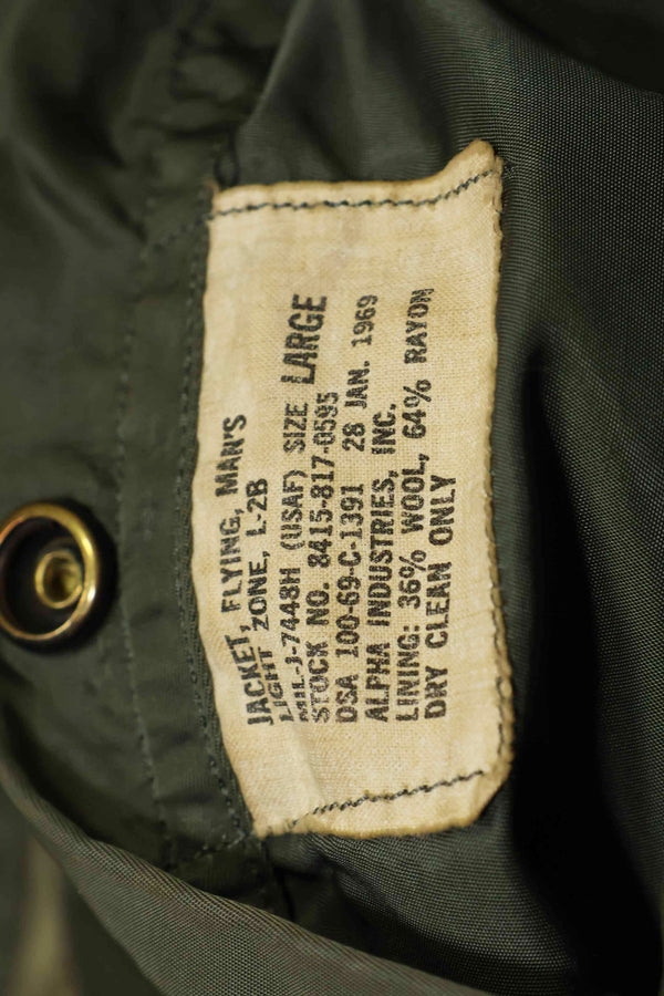 1969 Contract USAF L2-B Light Zone Flight Jacket with patches and rank insignia, used.