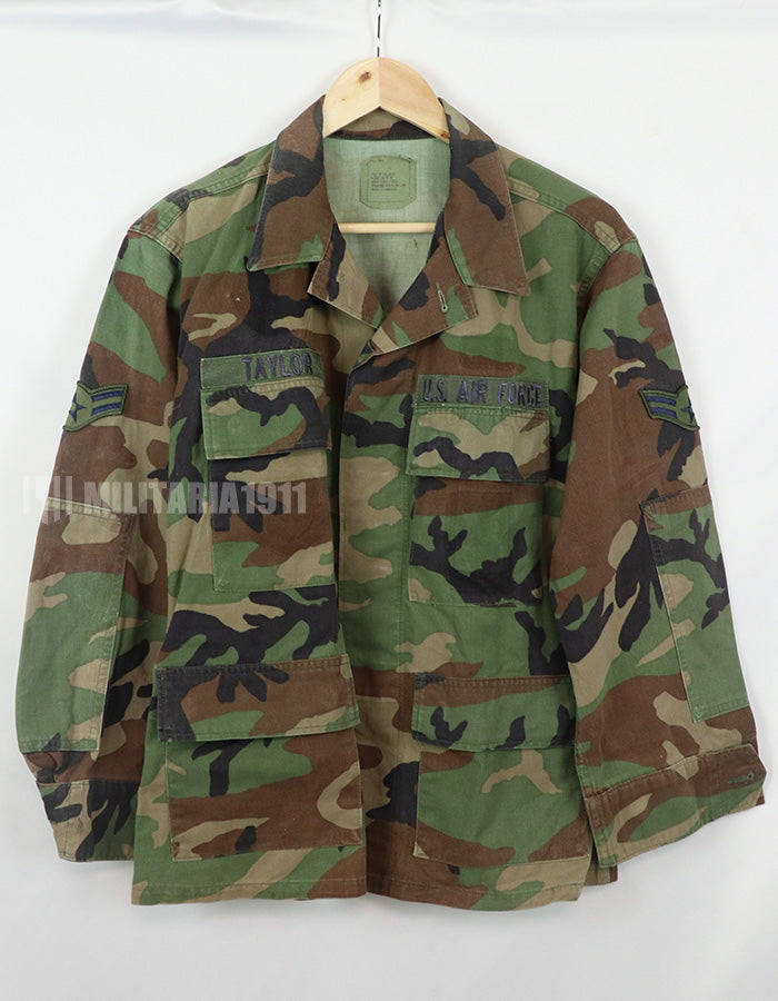 Original USAF NCO Woodland Camouflage Jacket with patch, poor condition, made in 1993.