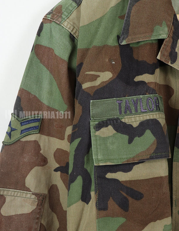 Original USAF NCO Woodland Camouflage Jacket with patch, poor condition, made in 1993.
