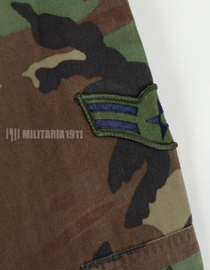 Original USAF NCO Woodland Camouflage Jacket with patch, poor condition, made in 1993.