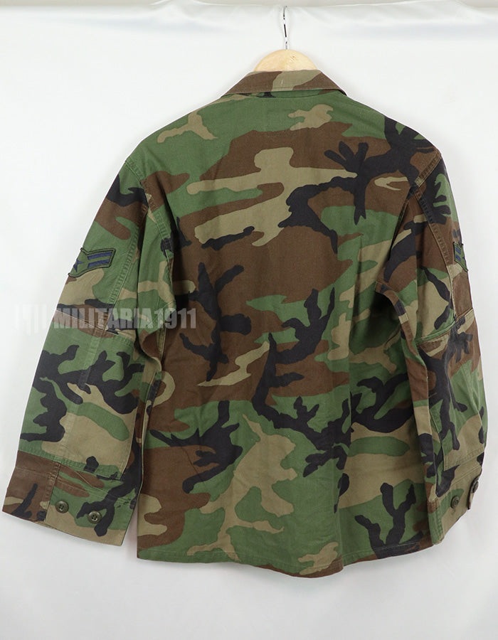 Original USAF NCO Woodland Camouflage Jacket with patch, poor condition, made in 1993.