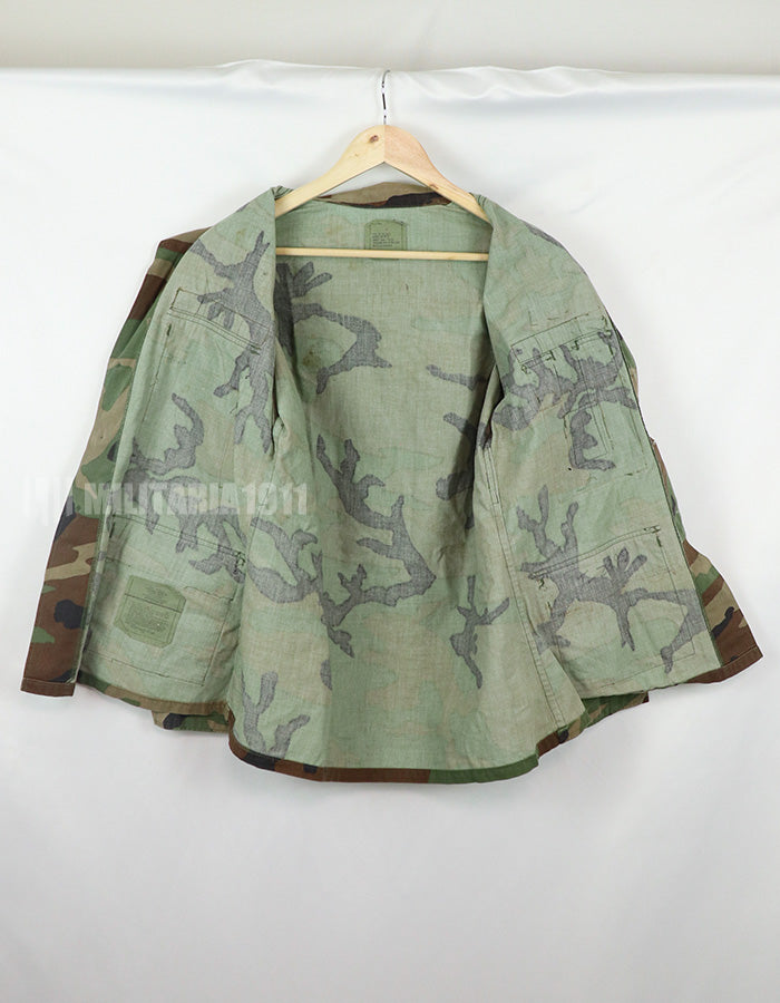 Original USAF NCO Woodland Camouflage Jacket with patch, poor condition, made in 1993.
