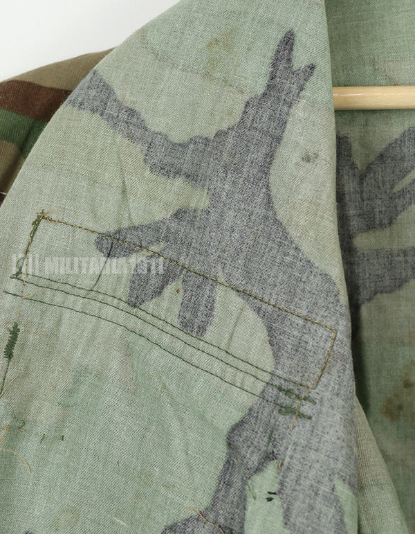 Original USAF NCO Woodland Camouflage Jacket with patch, poor condition, made in 1993.