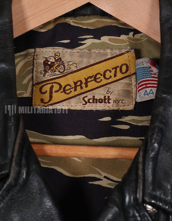 1980年代ロット　Schott製　ダブルライダースジャケット　裏地　MILITARIA 1911 ゴールドタイガー生地